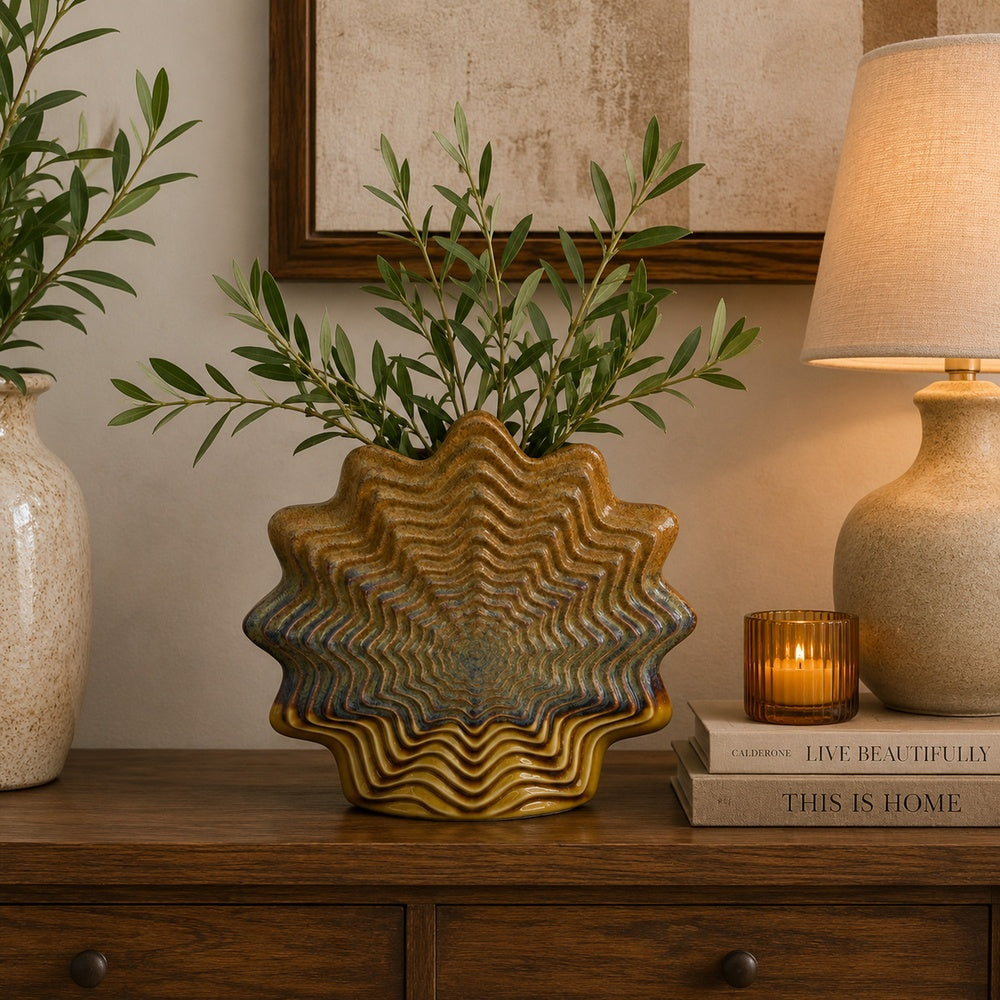 Gima Modern Vase with Wavy Sculptural Design | Brown Textured Ceramic 12"