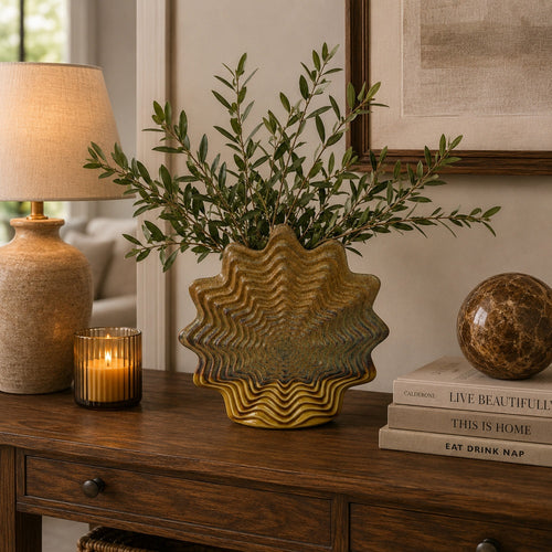 Gima Modern Vase with Wavy Sculptural Design | Brown Textured Ceramic 12"