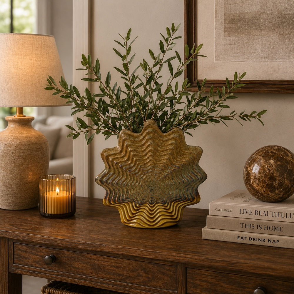 Gima Modern Vase with Wavy Sculptural Design | Brown Textured Ceramic 12"