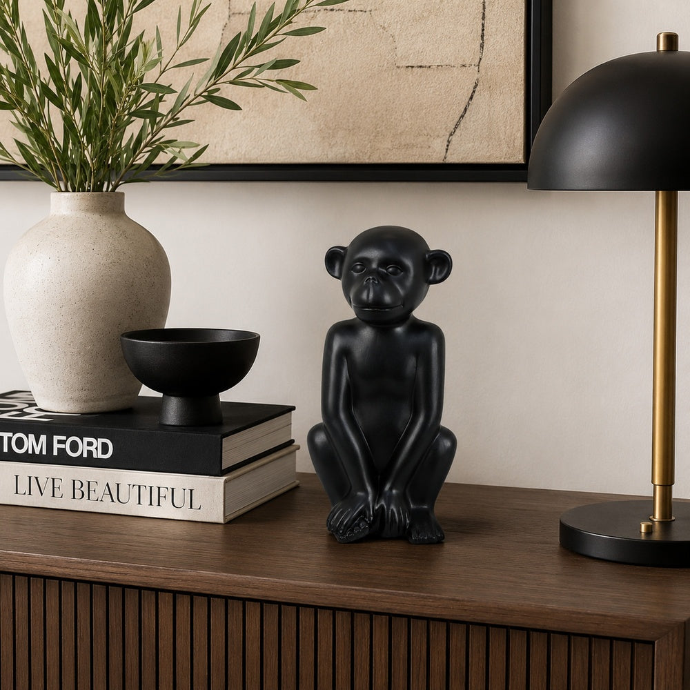 Nancy Decorative Monkey Sculpture in Seated Pose | Matte Black Ceramic 12"