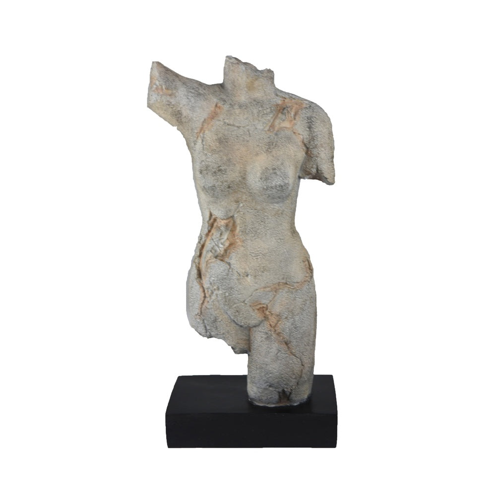 Ricky Female Torso Sculpture | Black Base | Distress Gray Resin 17"