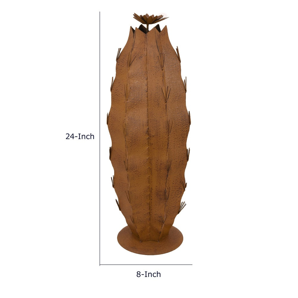 Wendy Decorative Cactus Sculpture on Round Base | Rustic Brown Metal