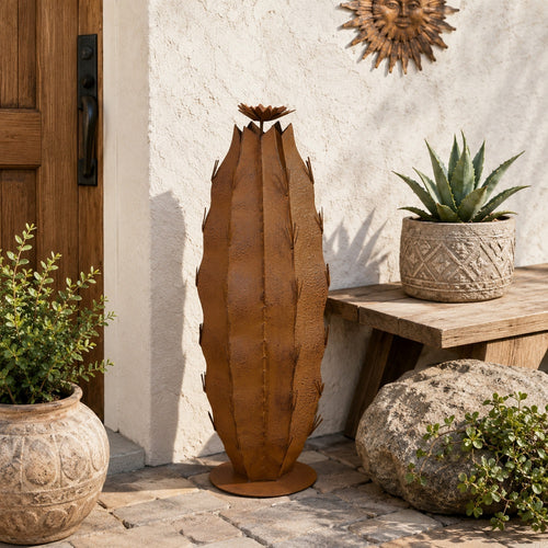 Wendy Decorative Cactus Sculpture on Round Base | Rustic Brown Metal