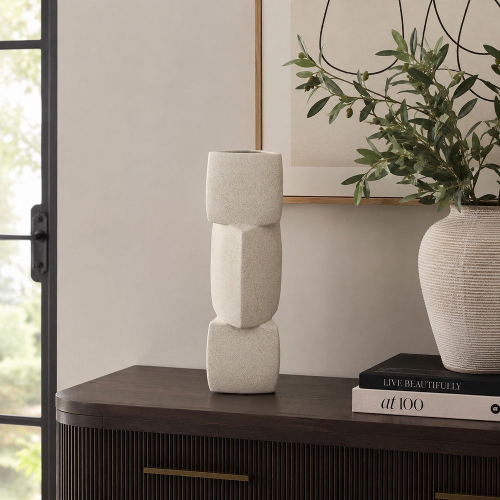 Emery Sculptural Vase with Geometric Details | White Textured Ceramic 20"