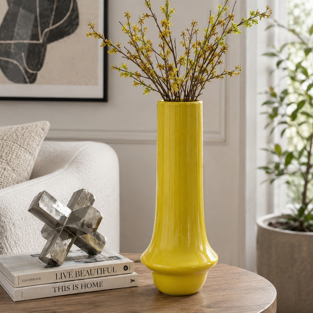 Ziva Tall Decorative Vase with Flared Base | Yellow Ceramic 16"