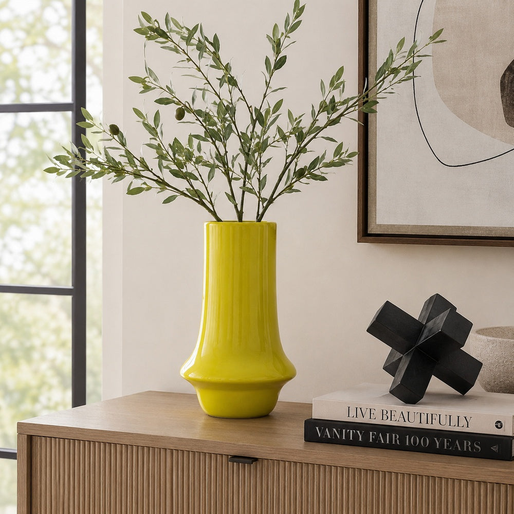 Ziva Modern Decorative Vase with Flared Base | Yellow Ceramic 12"