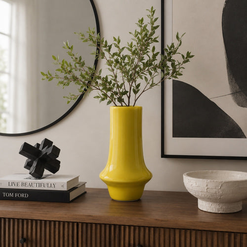 Ziva Modern Decorative Vase with Flared Base | Yellow Ceramic 12"