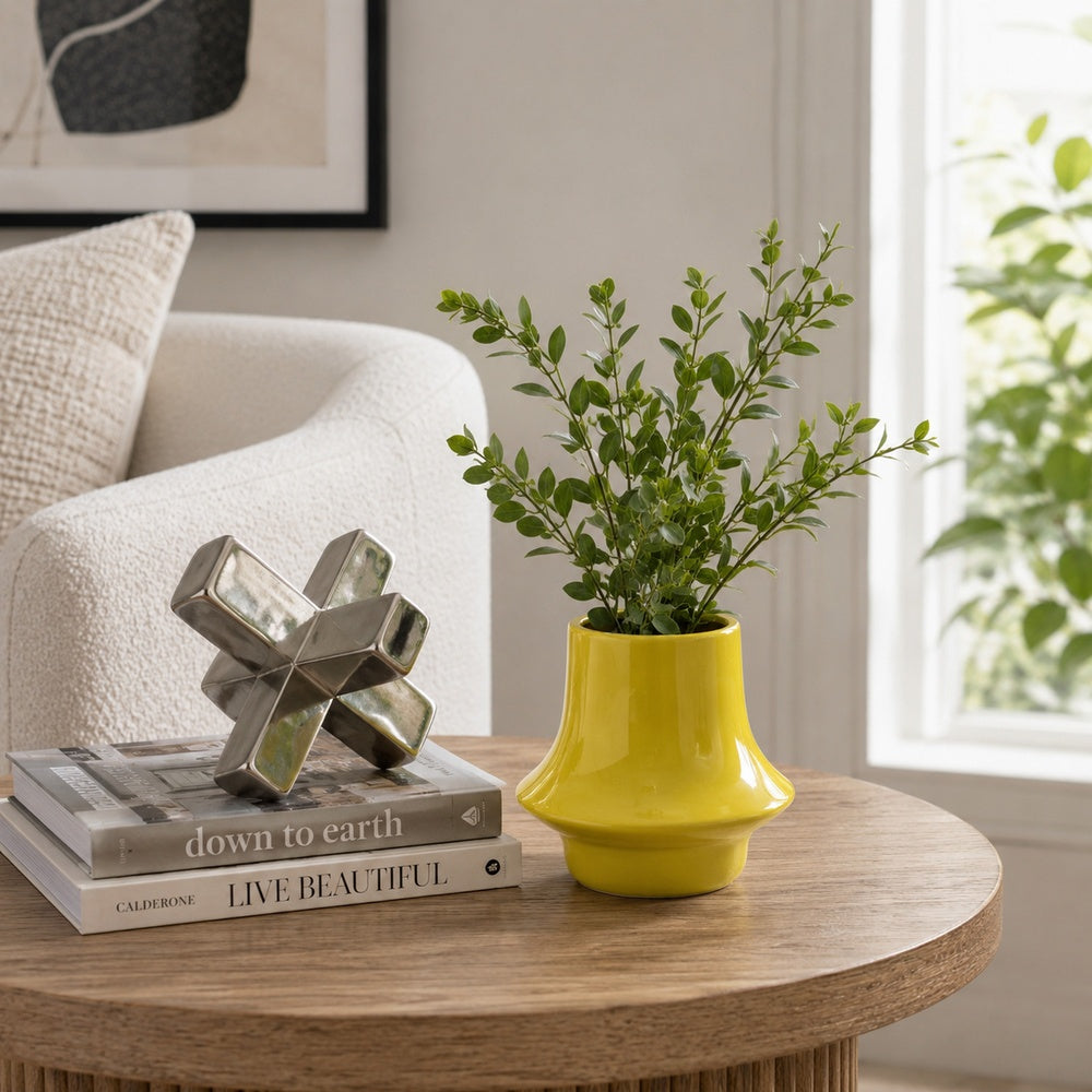 Ziva Modern Decorative Vase with Flared Base | Yellow Ceramic 9"