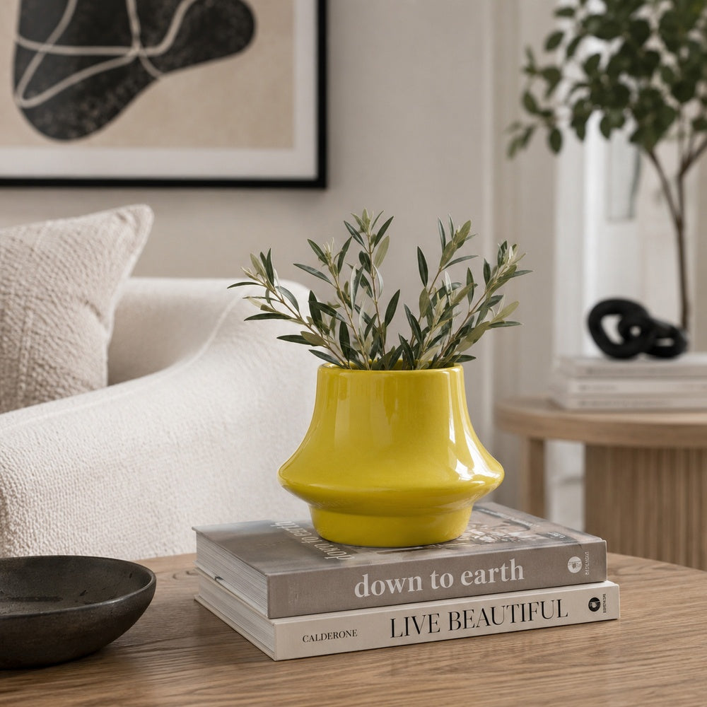 Ziva Modern Decorative Vase with Flared Base | Yellow Ceramic 9"