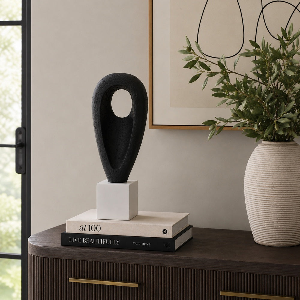 Decorative Tabletop Accent | White Marble Base | Black Teardrop | 18"