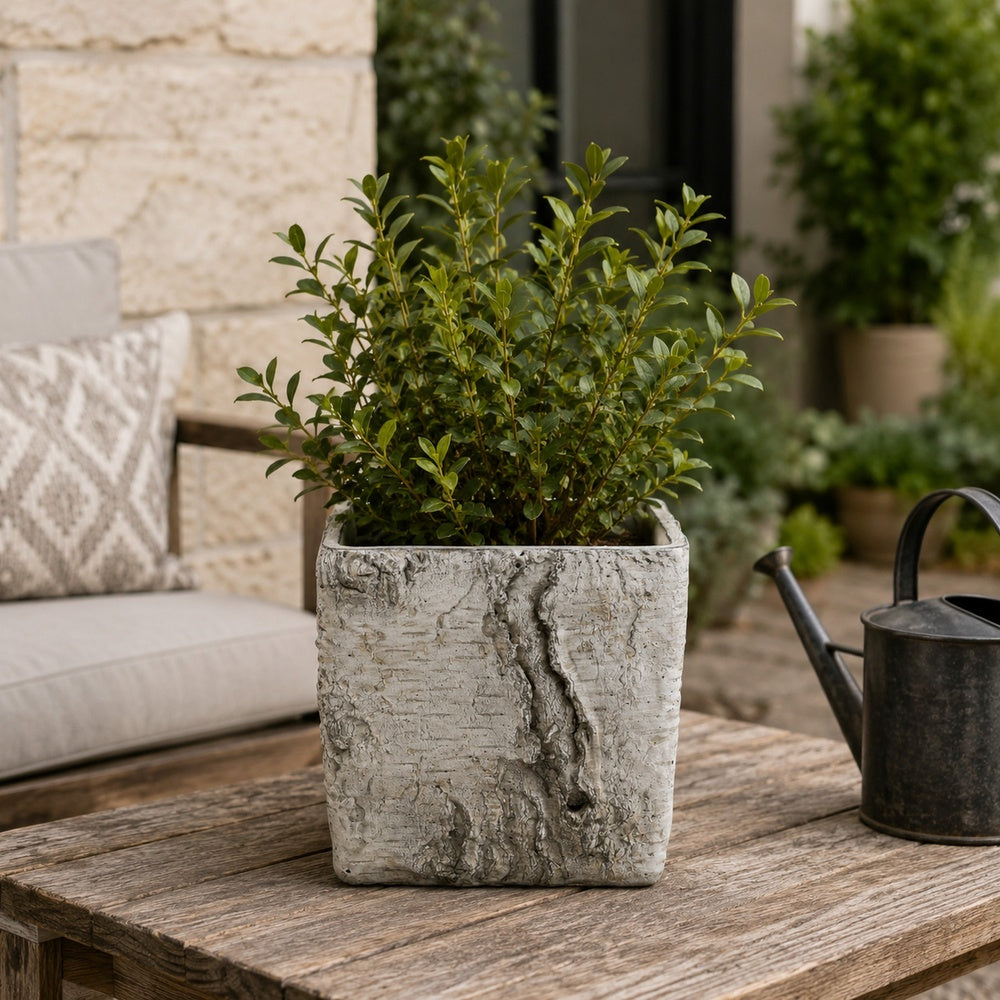 Outdoor Decorative Planter | Faux Bois Textured Terracotta | 7" Gray