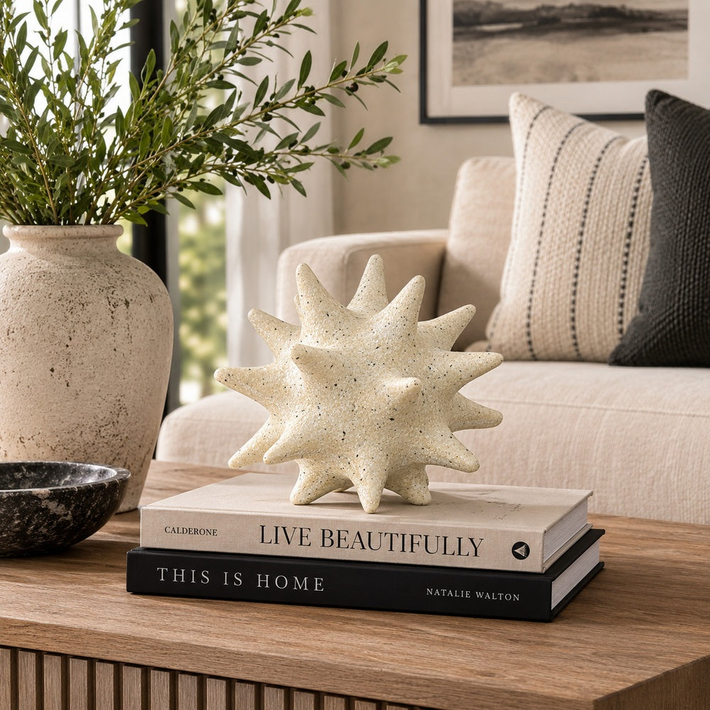 Spiked Tabletop Décor | Textured Coastal Accent | White Resin | 8"