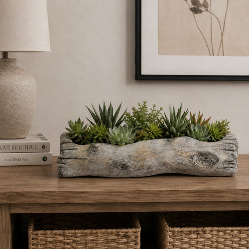 Decorative Faux Log Planter | Driftwood Style Terracotta | 13" Gray
