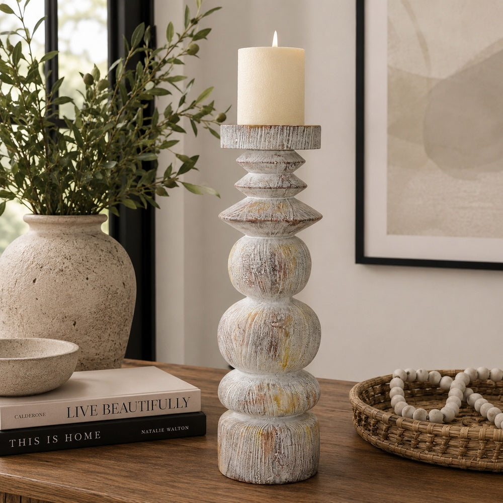 Josi Tabletop Décor C&le Holder | Sculpted Turned Whitewash Resin | 18"