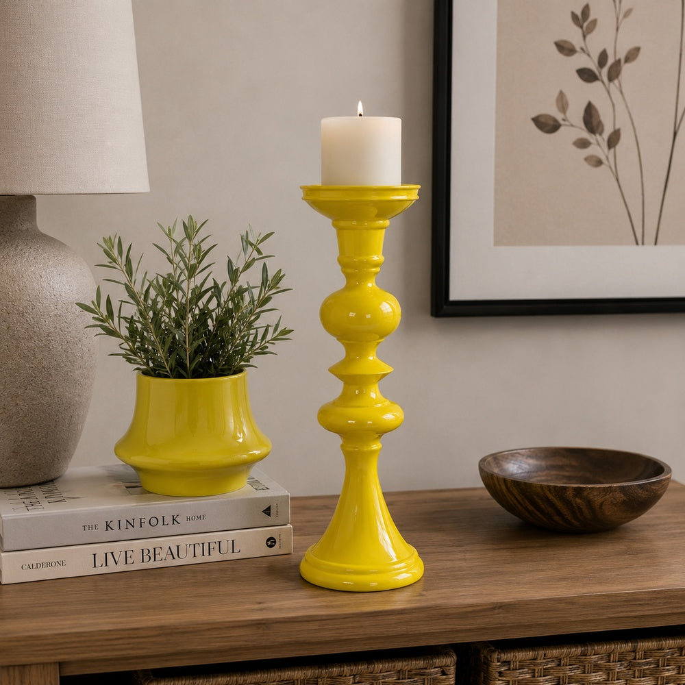 Meo Tabletop Décor C&le Holder | Sculpted Turned Yellow Resin | 18"