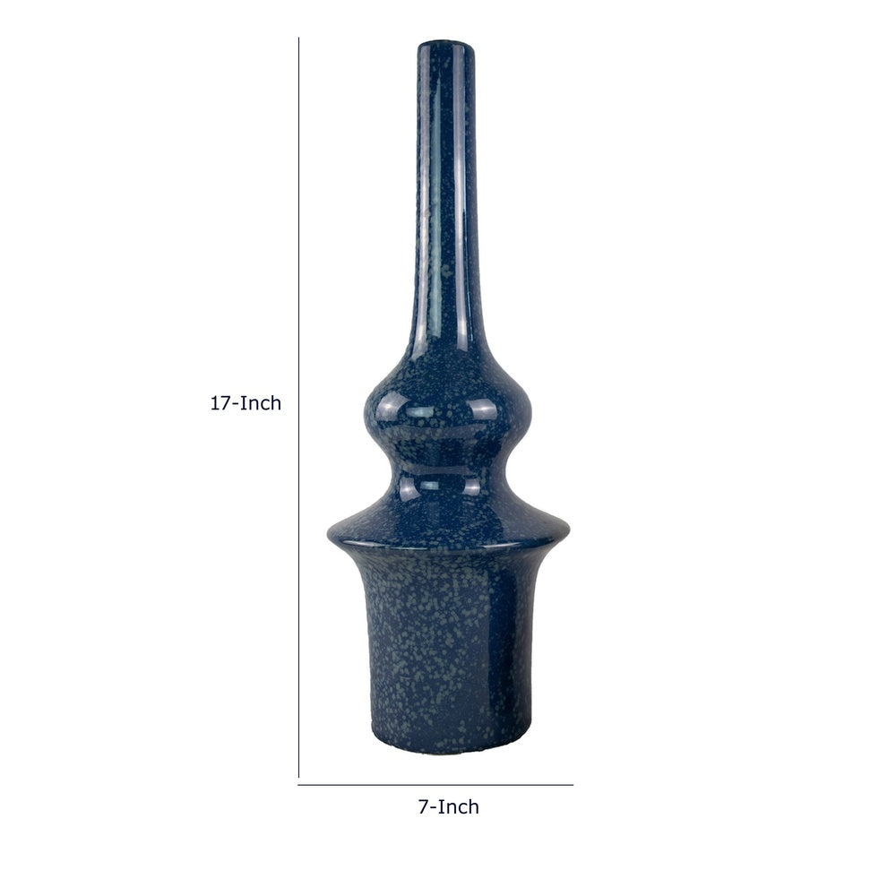 Fea Decorative Flower Vase | Narrow Mouth | Turned Blue Ceramic | 21"
