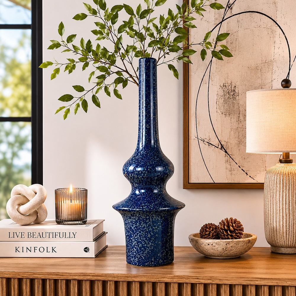 Fea Decorative Flower Vase | Narrow Mouth | Turned Blue Ceramic | 21"
