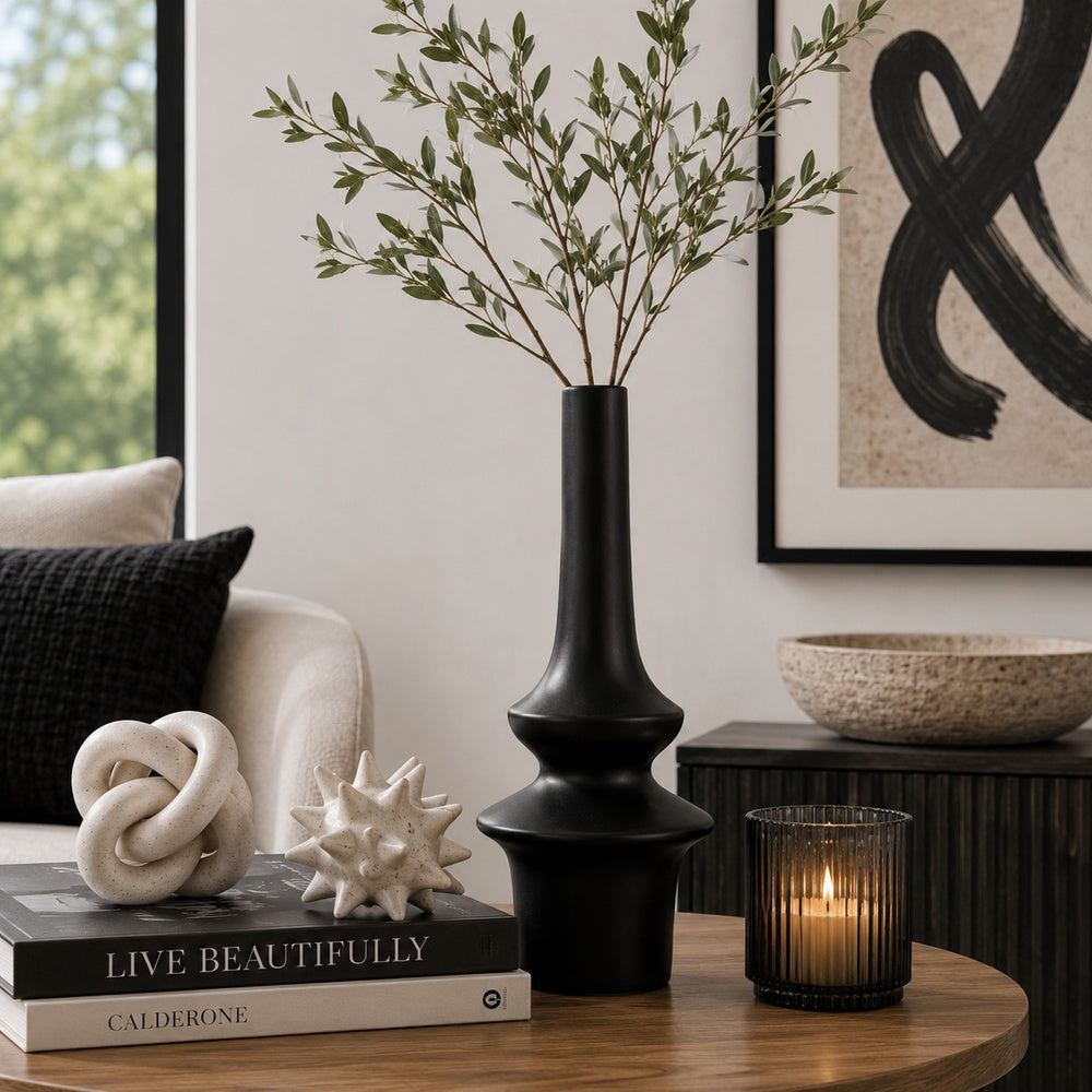 Fea Decorative Flower Vase | Narrow Mouth | Turned Black Ceramic | 17"