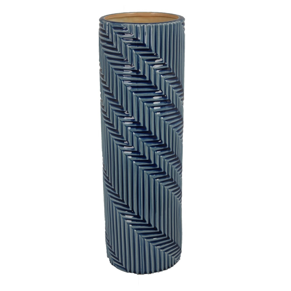 Decorative Flower Vase | Textured Herringbone | Blue Ceramic | 20"