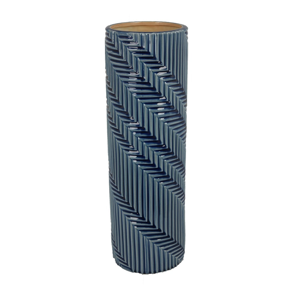 Decorative Flower Vase | Textured Herringbone | Blue Ceramic | 20"