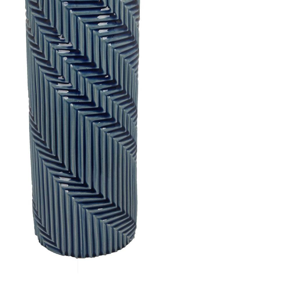 Decorative Flower Vase | Textured Herringbone | Blue Ceramic | 20"