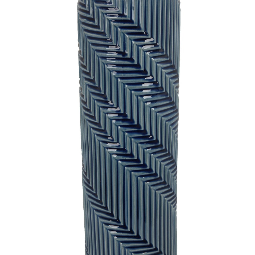 Decorative Flower Vase | Textured Herringbone | Blue Ceramic | 20"