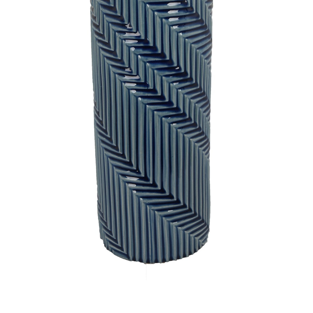 Decorative Flower Vase | Textured Herringbone | Blue Ceramic | 20"