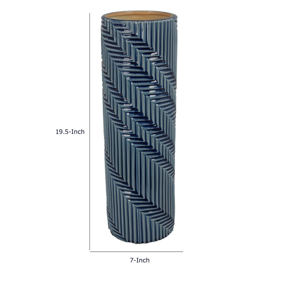 Decorative Flower Vase | Textured Herringbone | Blue Ceramic | 20"