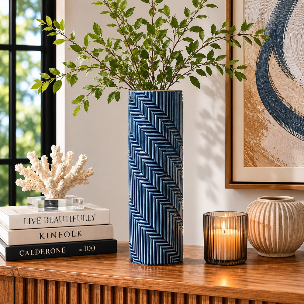 Decorative Flower Vase | Textured Herringbone | Blue Ceramic | 20"