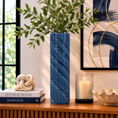 Decorative Flower Vase | Textured Herringbone | Blue Ceramic | 20"
