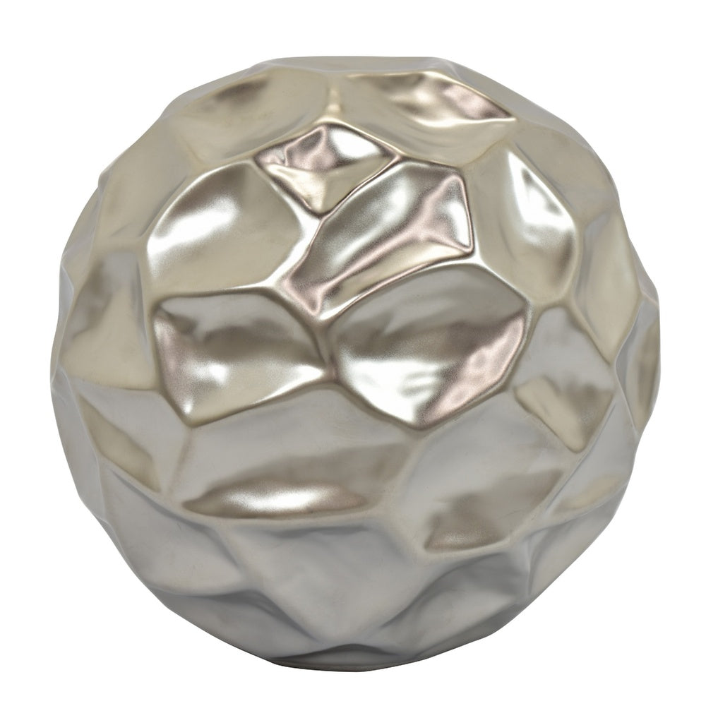 Decorative Accent Sculpture Orb | Faceted Glam Silver Ceramic | 9"