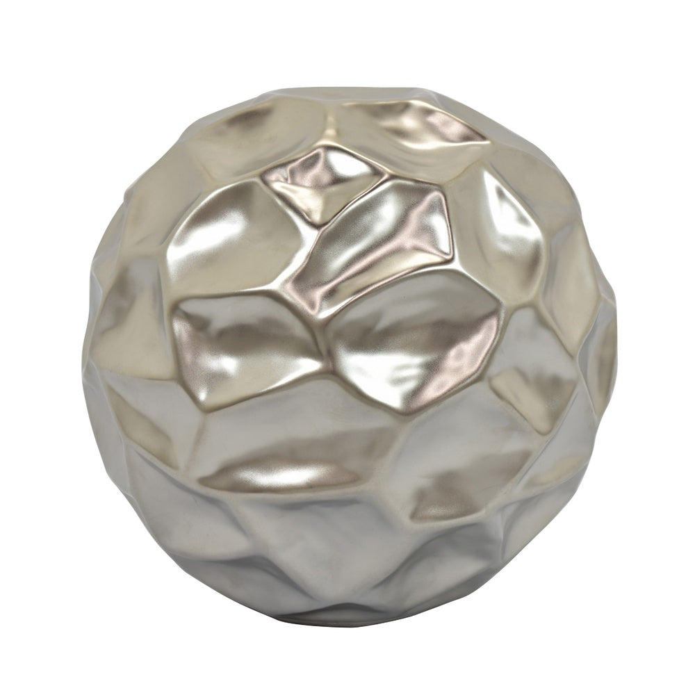 Decorative Accent Sculpture Orb | Faceted Glam Silver Ceramic | 9"
