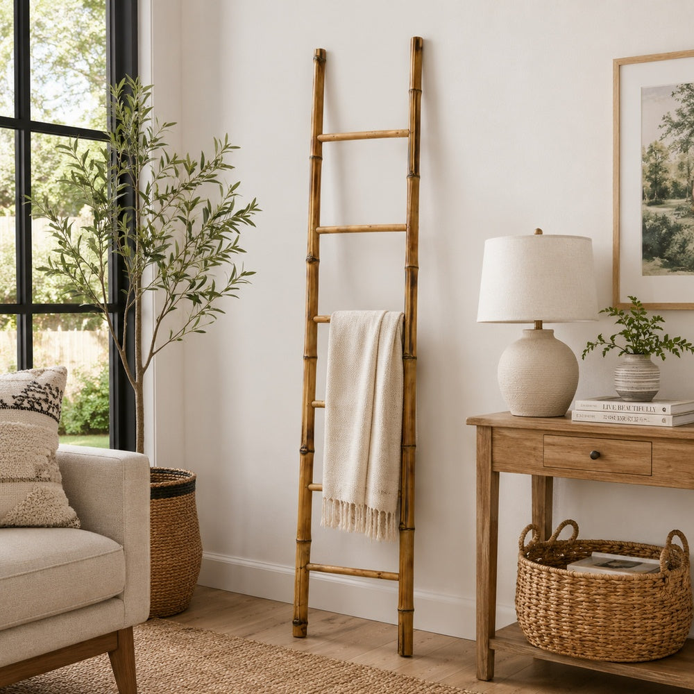 Natural Bamboo Ladder | Decorative & Utility Leaning Rack | 86" Brown