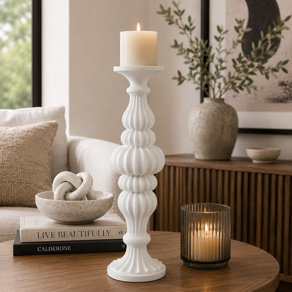 Tabletop Décor C&le Holder | Fluted Turned Baluster | White Resin | 18"