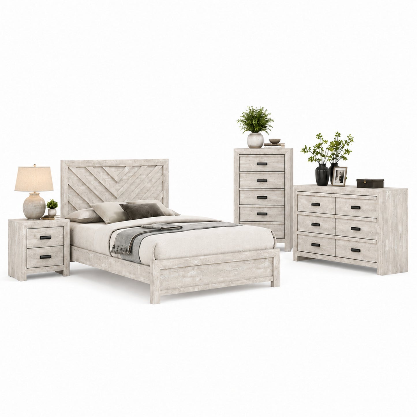 Full Bedroom Set, Beige, Black Wood, 4 Piece Set with Nightstand, Dresser, and Chest