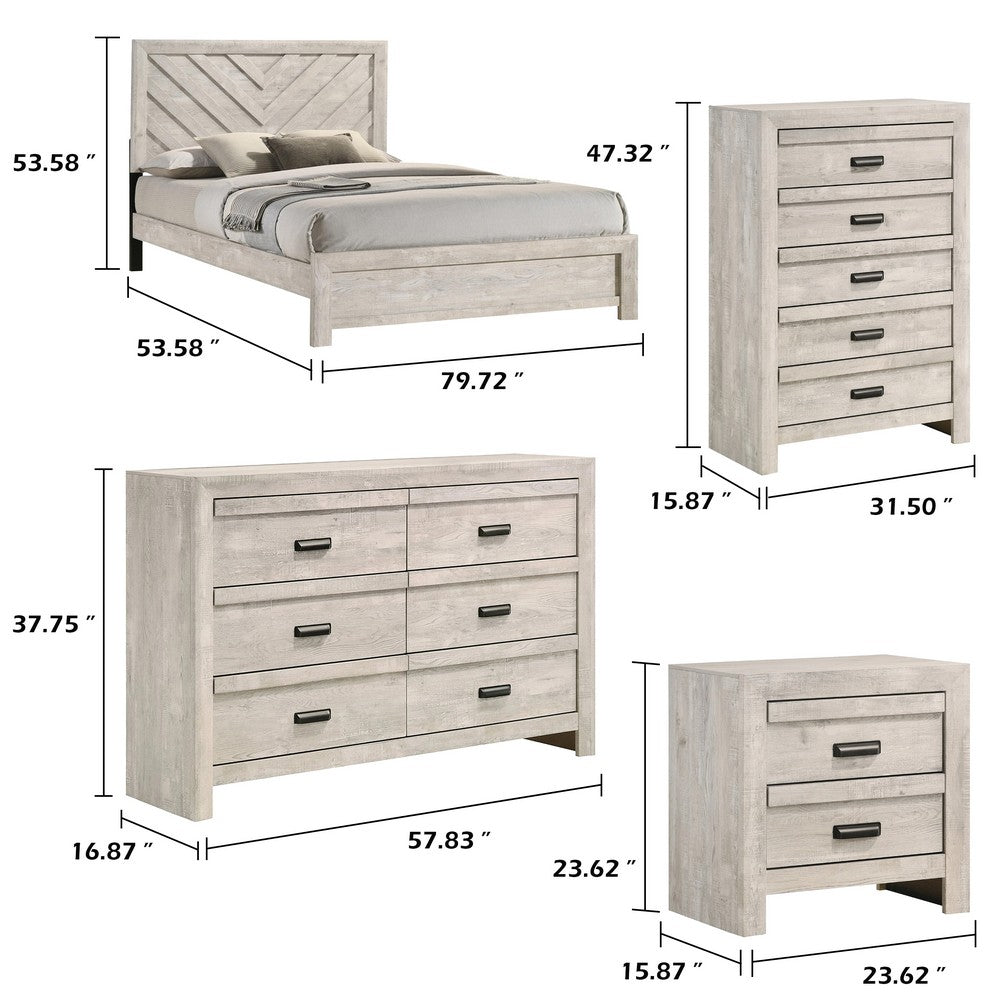 Full Bedroom Set, Beige, Black Wood, 4 Piece Set with Nightstand, Dresser, and Chest