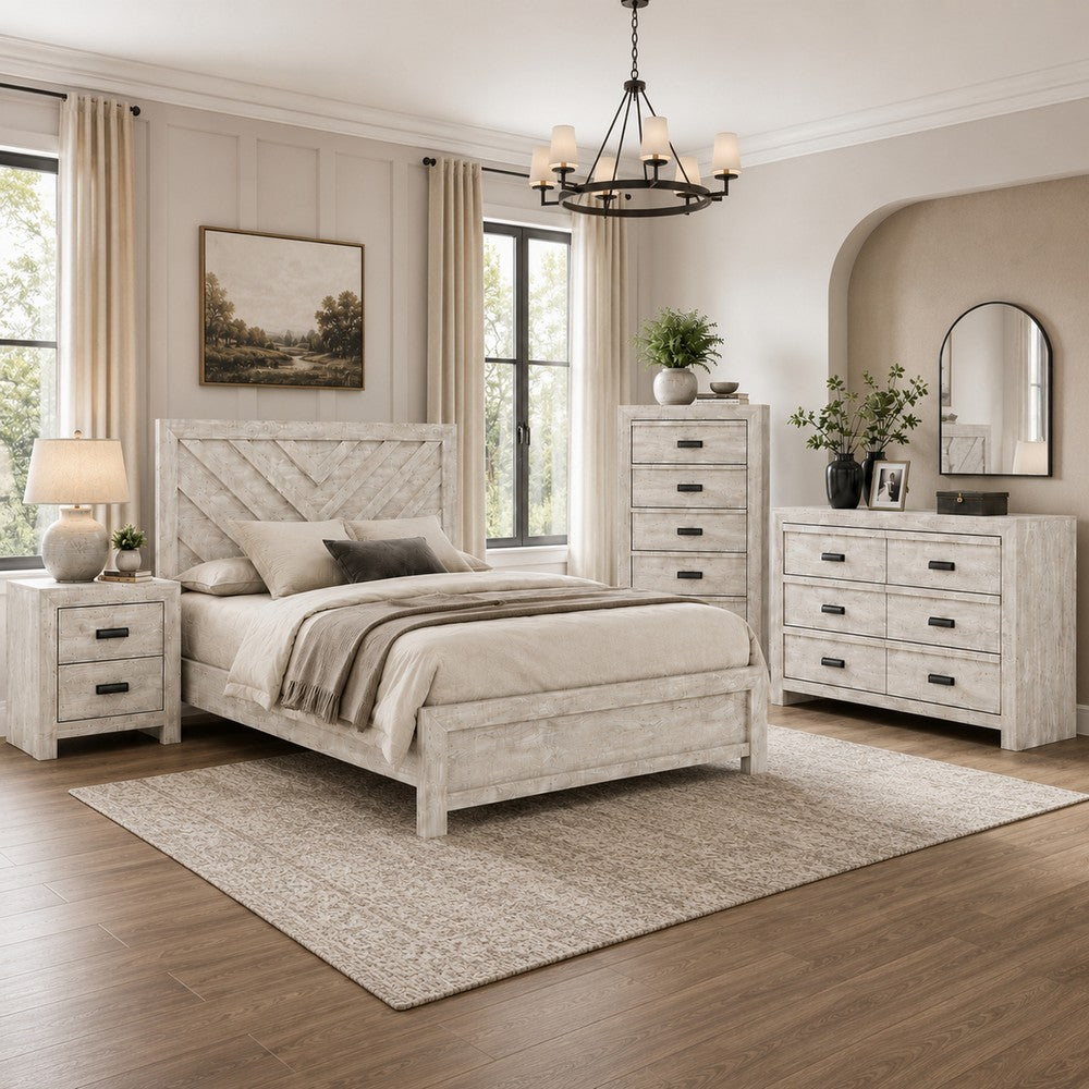 Full Bedroom Set, Beige, Black Wood, 4 Piece Set with Nightstand, Dresser, and Chest