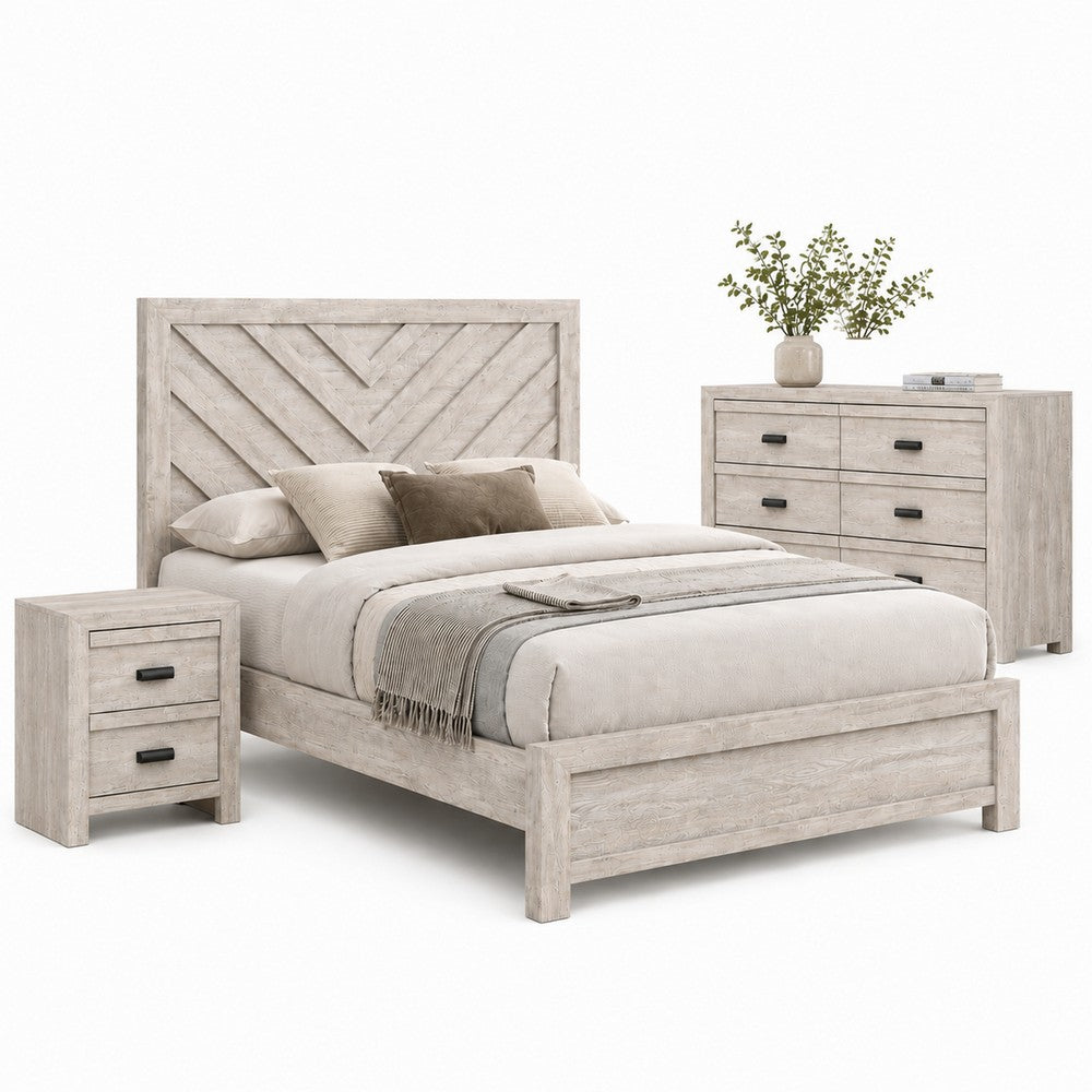 Full Bedroom Set, Beige, Black Wood, 3 Piece Set with Nightstand and Dresser