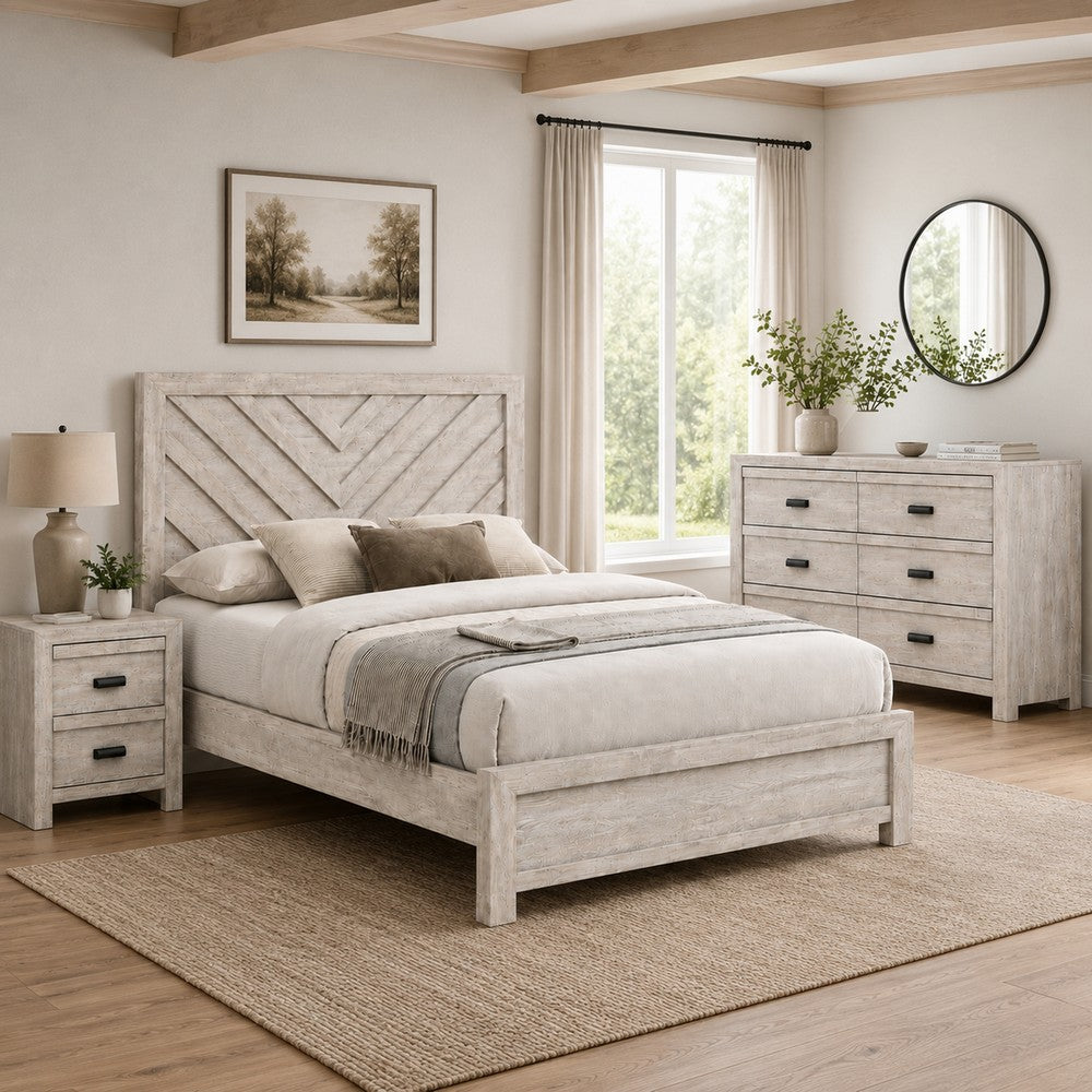 Full Bedroom Set, Beige, Black Wood, 3 Piece Set with Nightstand and Dresser