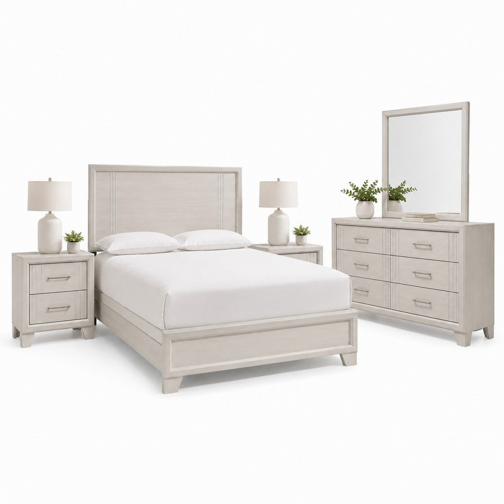 Queen Bedroom Set, White, Silver, Cream Wood, 4 Piece Set with 2 Nightstands and Dresser