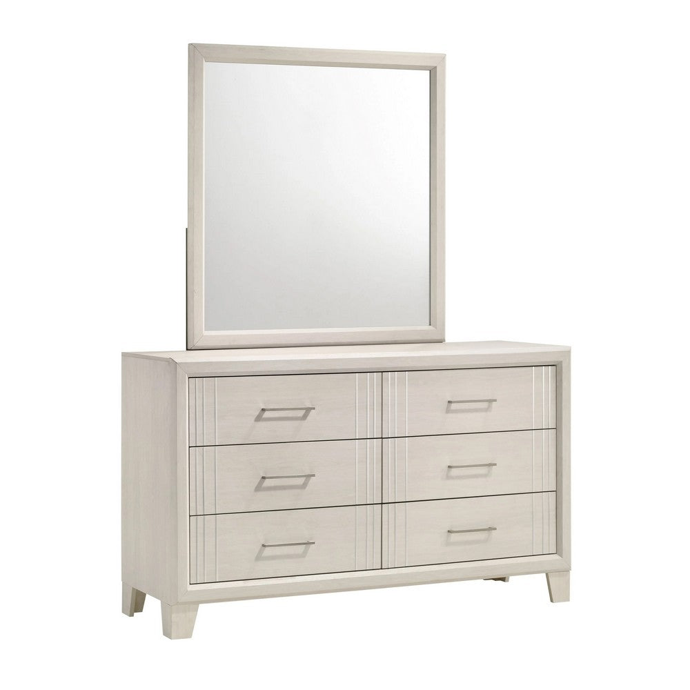 Queen Bedroom Set, White, Silver, Cream Wood, 4 Piece Set with 2 Nightstands and Dresser