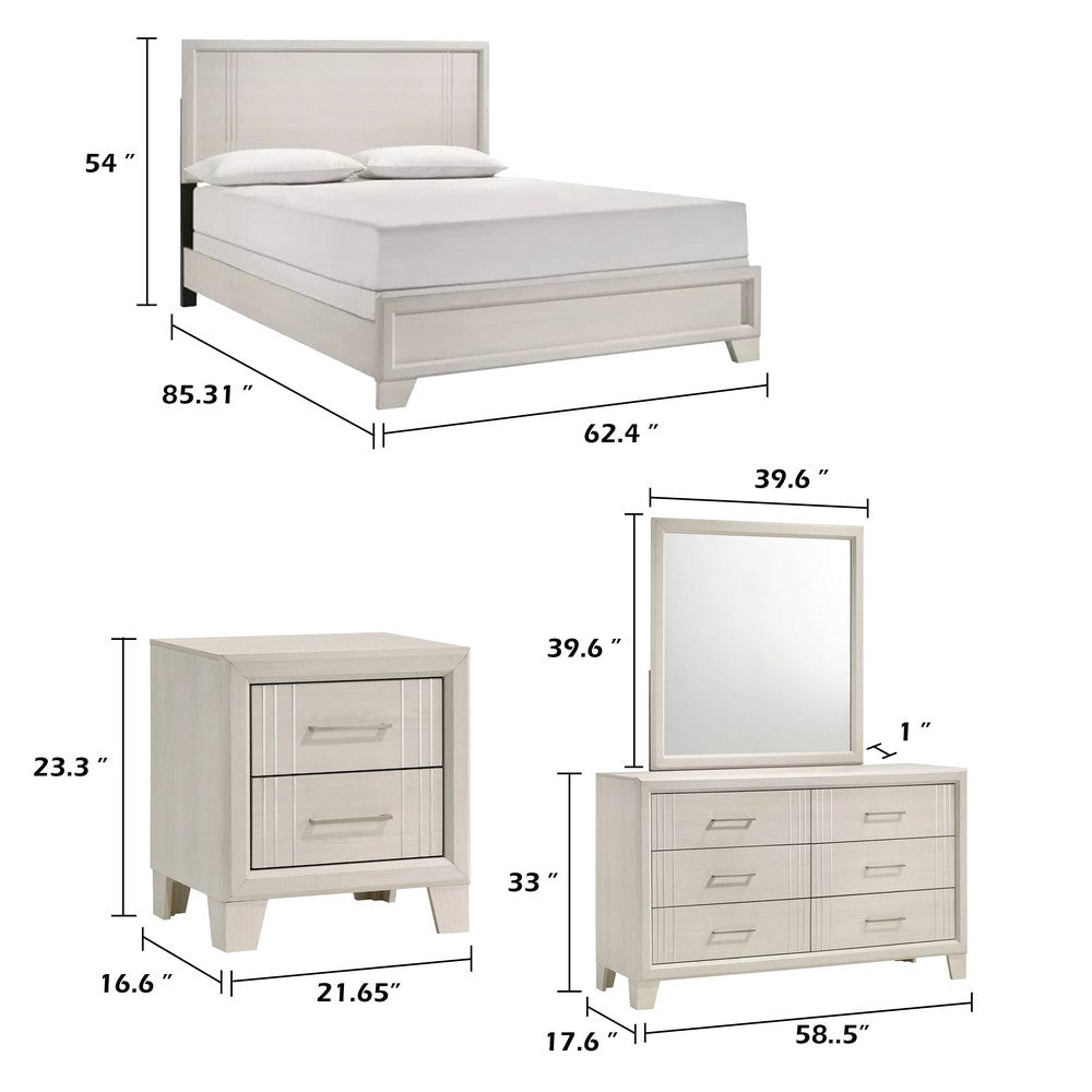 Queen Bedroom Set, White, Silver, Cream Wood, 4 Piece Set with 2 Nightstands and Dresser