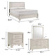 Queen Bedroom Set, White, Silver, Cream Wood, 4 Piece Set with 2 Nightstands and Dresser