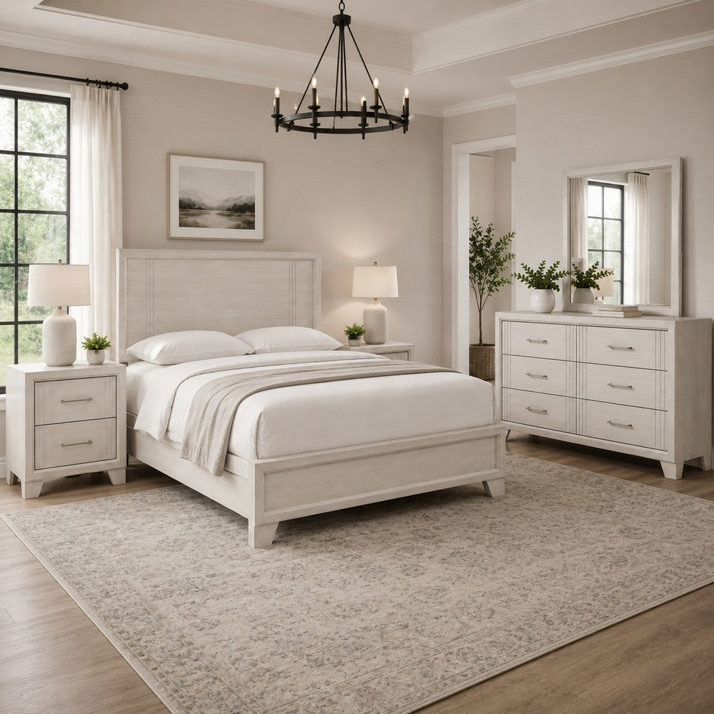 Queen Bedroom Set, White, Silver, Cream Wood, 4 Piece Set with 2 Nightstands and Dresser