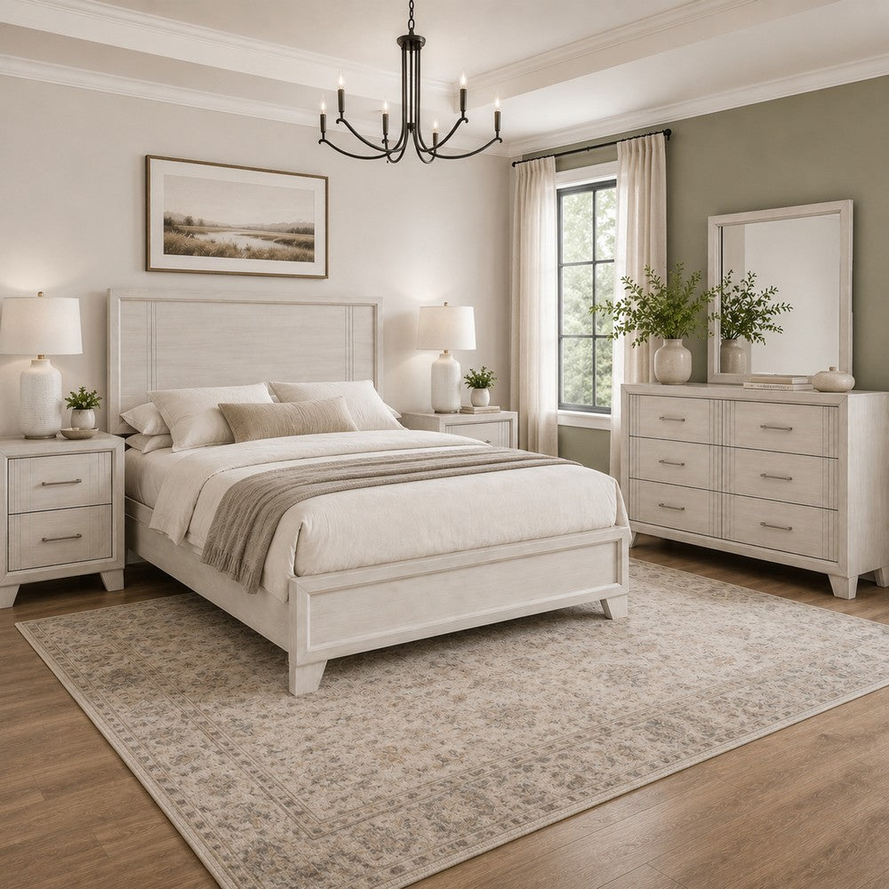 Queen Bedroom Set, White, Silver, Cream Wood, 4 Piece Set with 2 Nightstands and Dresser