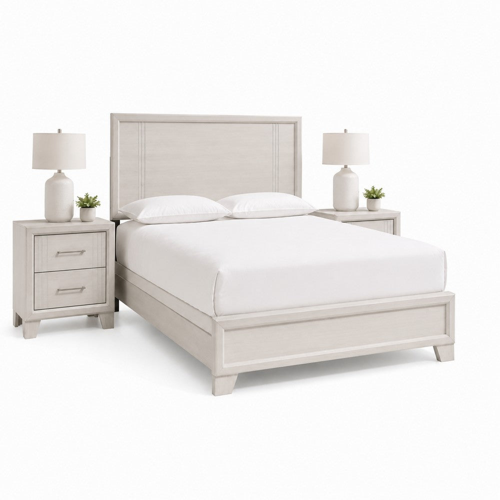 Queen Bedroom Set, White, Silver Wood, 3 Piece Set with 2 Nightstands