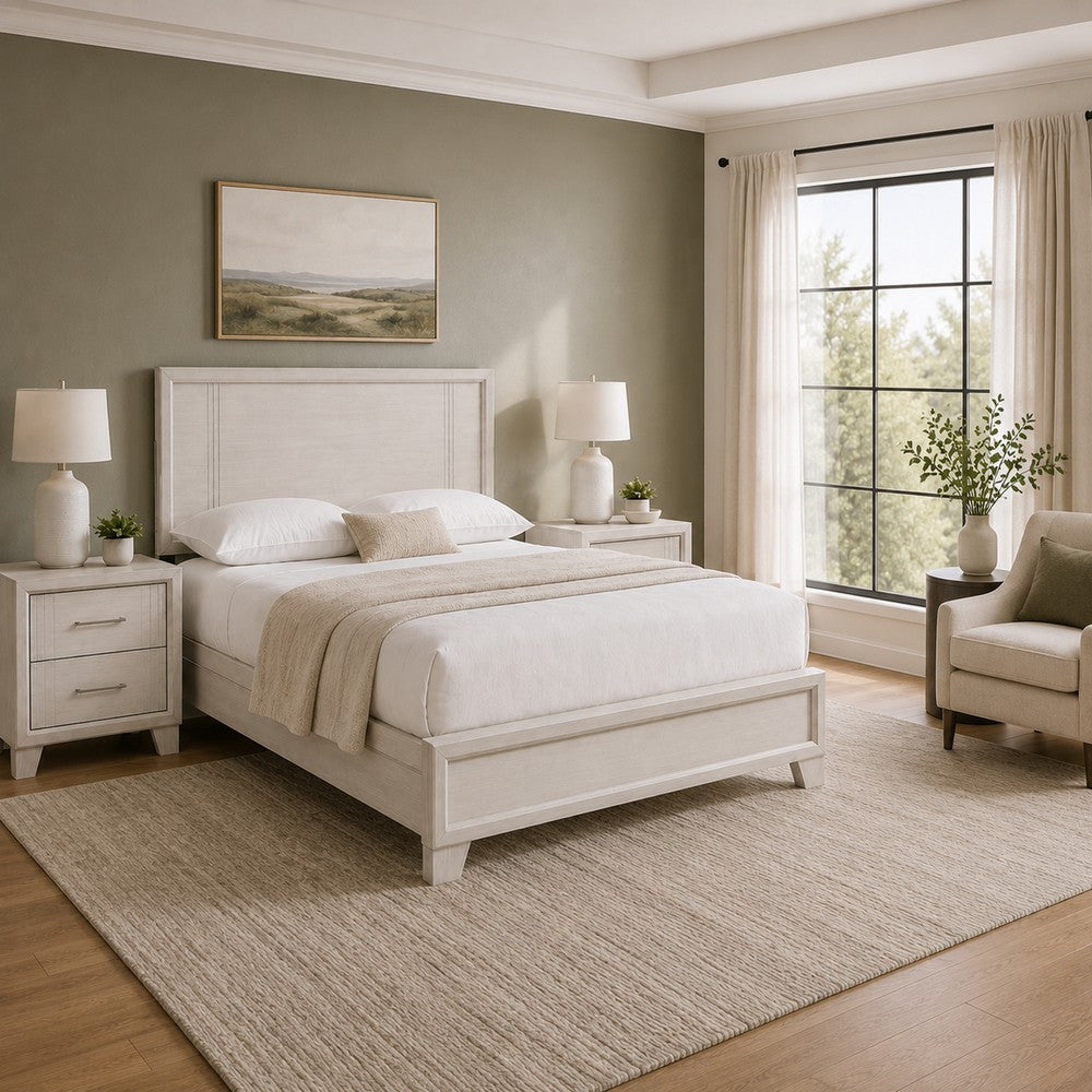Queen Bedroom Set, White, Silver Wood, 3 Piece Set with 2 Nightstands
