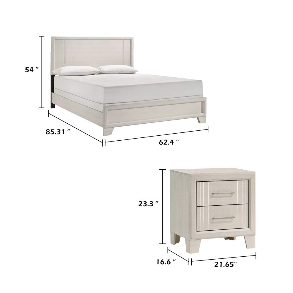Queen Bedroom Set, White, Silver Wood, 2 Piece Set with Nightstand
