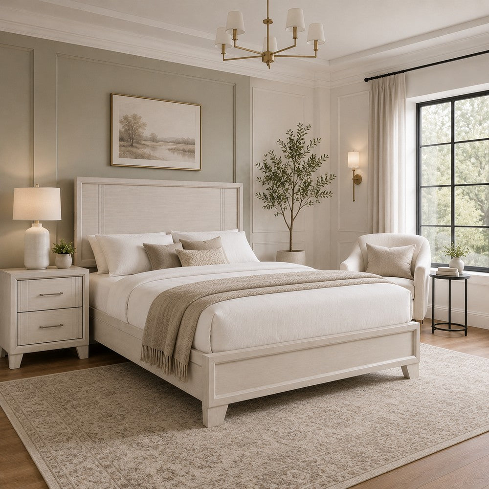 Queen Bedroom Set, White, Silver Wood, 2 Piece Set with Nightstand