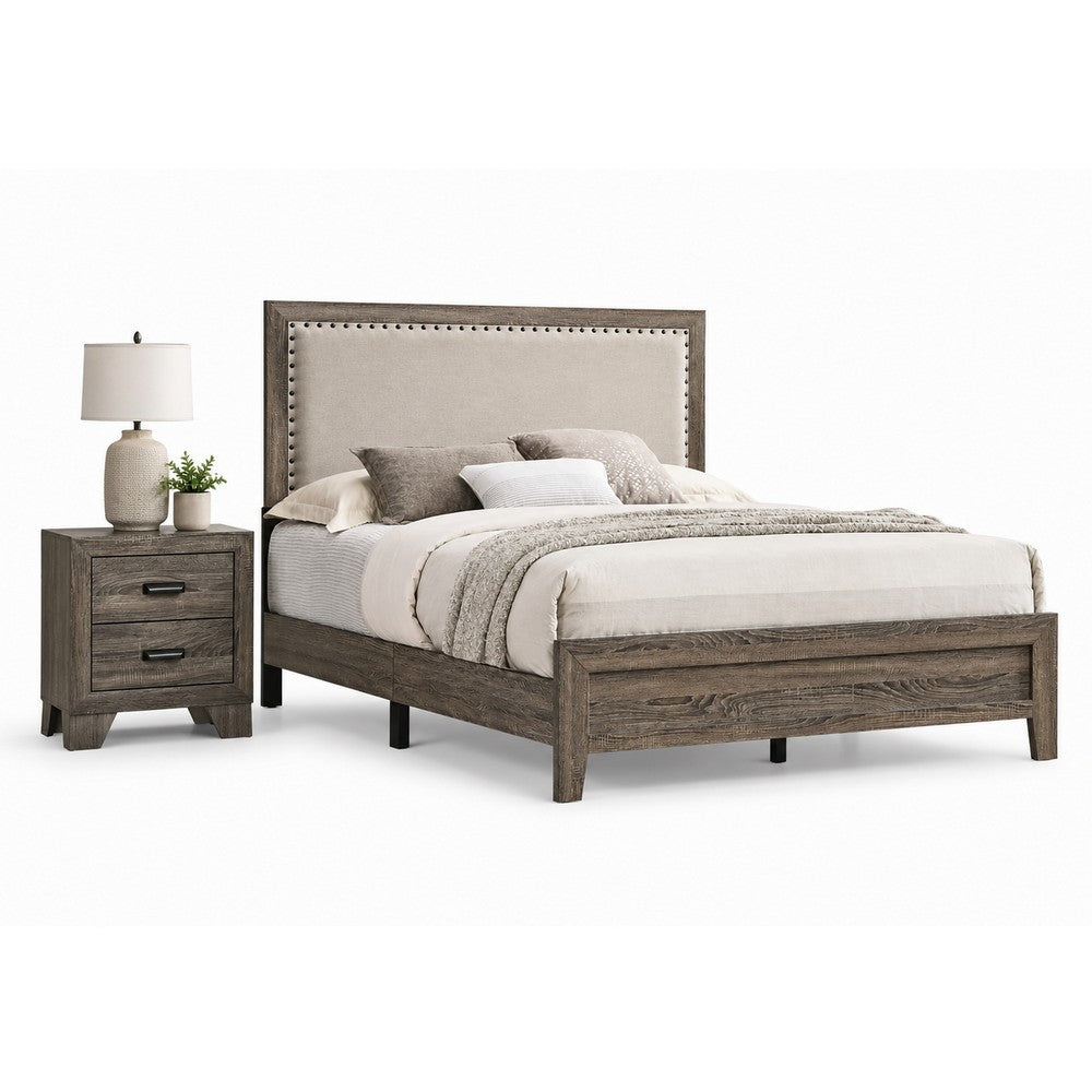 Queen Bedroom Set, Gray, Ivory, Brown Wood, 2 Piece Set with Nightstand